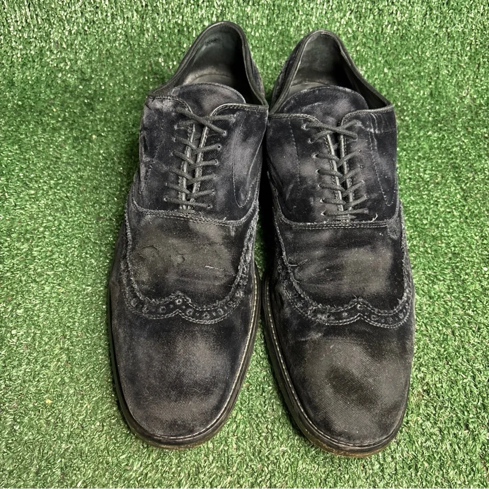 $598 John Varvatos Black Velvet Distressed Rugged Wingtip Oxfords Mens Size 10.5